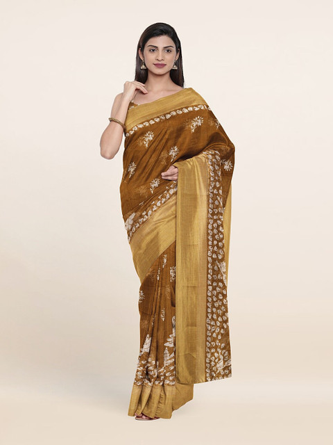 

Pothys Khaki & Gold-Toned Floral Printed Cotton Blend Zari Saree