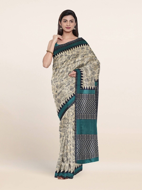 

Pothys Cream-Coloured & Teal Ethnic Motifs Printed Cotton Blend Saree