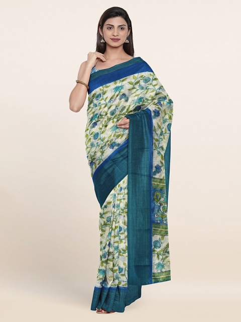 

Pothys Cream-Coloured & Green Floral Zari Saree