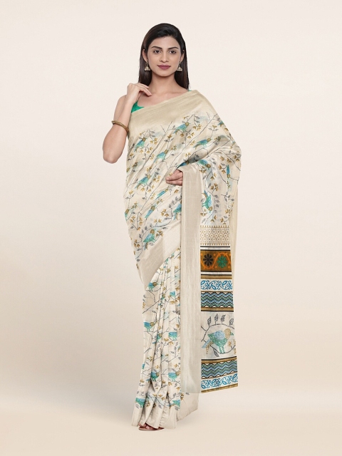 

Pothys Cream-Coloured & Green Ethnic Motifs Printed Saree