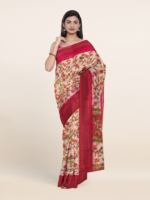 

Pothys Cream-Coloured & Red Floral Printed Zari Saree