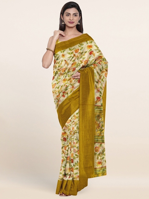 

Pothys Cream-Coloured & Pink Floral Zari Saree