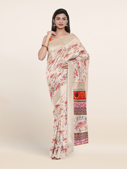 

Pothys Cream-Coloured & Orange Ethnic Motifs Printed Cotton Blend Saree