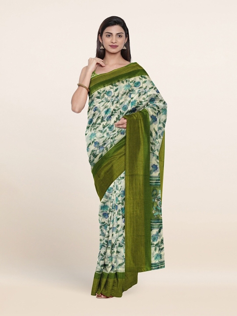 

Pothys Cream-Coloured & Green Floral Printed Saree