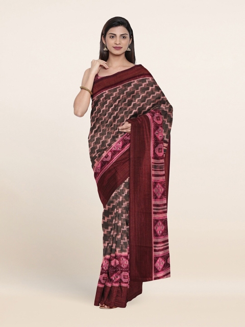 

Pothys Grey & Maroon Striped Printed Saree