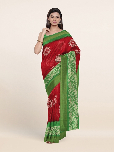 

Pothys Maroon & Green Ethnic Motifs Printed Zari Saree