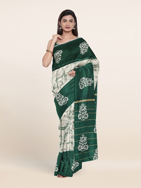 

Pothys Cream-Coloured & Green Ethnic Motifs Printed Saree