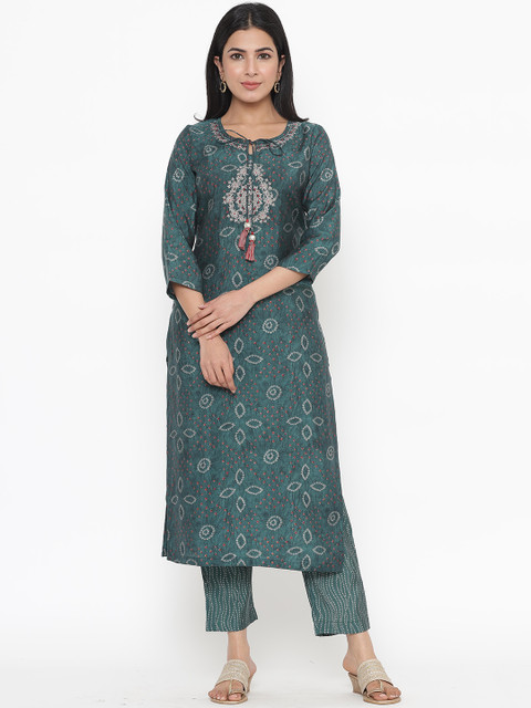 

JAVTA Women Blue Ethnic Motifs Printed Pure Cotton Kurta with Trousers