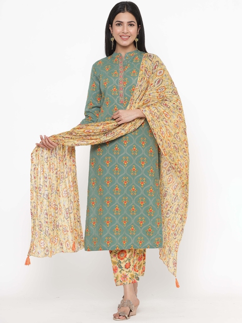 

JAVTA Women Green Floral Printed Pure Cotton Kurta with Palazzos & With Dupatta