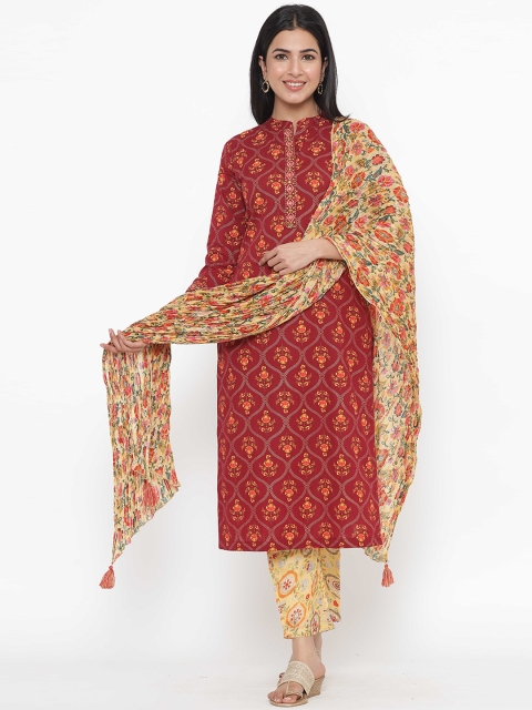 

JAVTA Women Red Floral Printed Pure Cotton Kurta with Trousers & With Dupatta