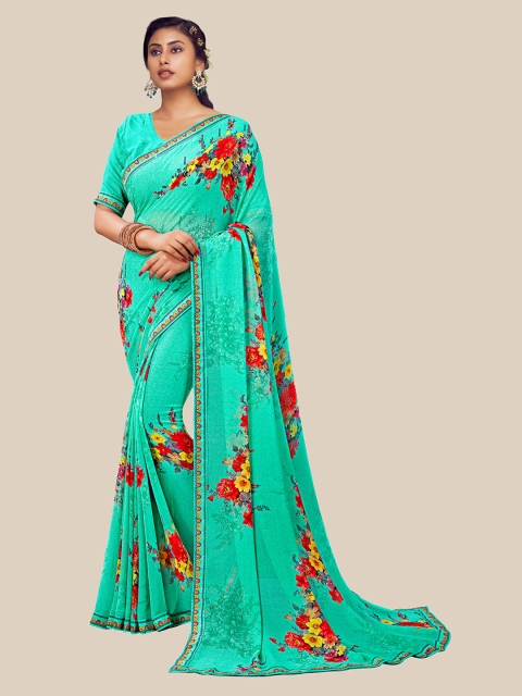 

UNITED LIBERTY Turquoise Blue & Red Floral Zari Pure Georgette Block Print Saree