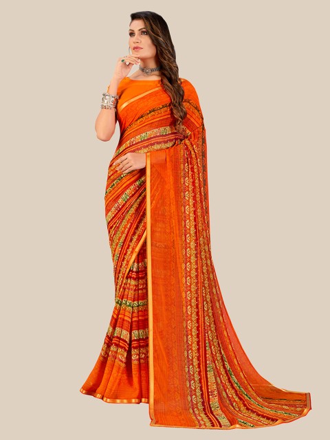 

UNITED LIBERTY Orange & Gold-Toned Floral Zari Pure Georgette Block Print Saree