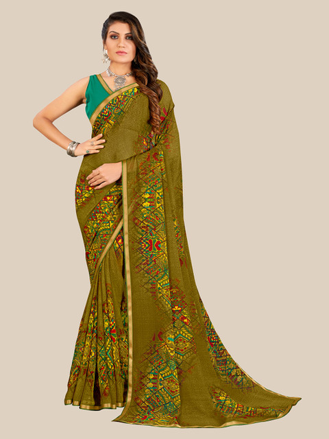 

UNITED LIBERTY Olive Green & Red Floral Zari Pure Georgette Block Print Saree
