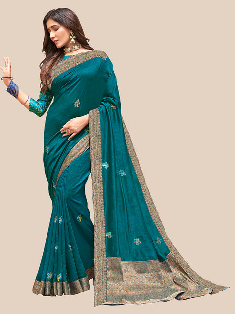 

UNITED LIBERTY Teal & Gold-Toned Ethnic Motifs Embroidered Art Silk Block Print Saree