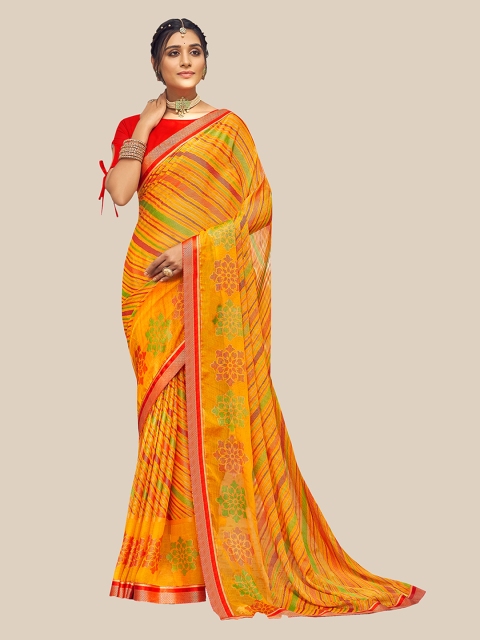

UNITED LIBERTY Yellow & Green Striped Zari Brasso Block Print Saree