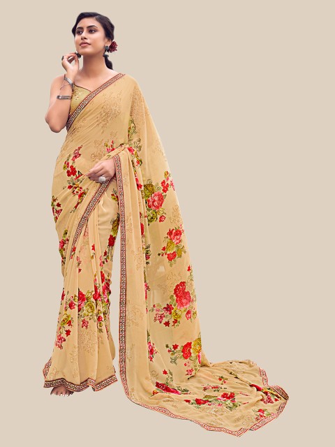 

UNITED LIBERTY Cream-Coloured & Red Floral Zari Pure Georgette Block Print Saree