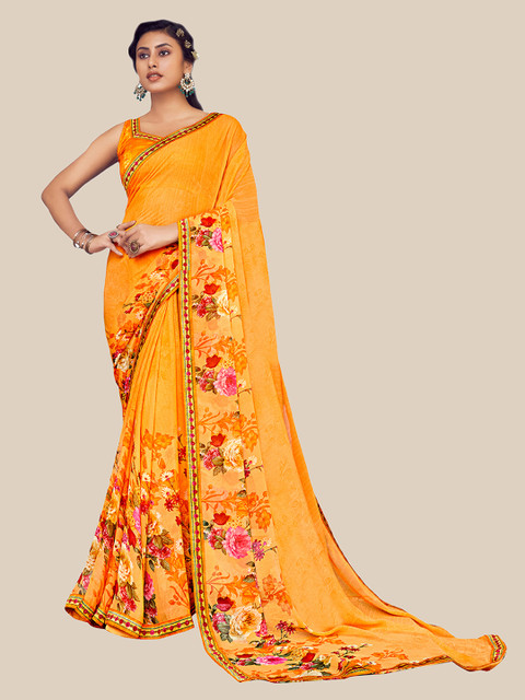 

UNITED LIBERTY Orange & Red Floral Zari Pure Georgette Saree