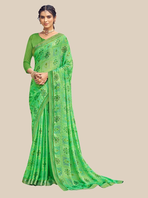 

UNITED LIBERTY Green & Black Floral Zari Brasso Block Print Saree