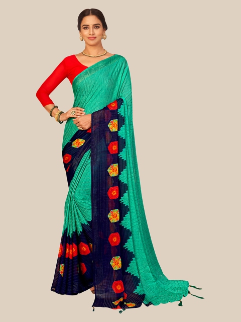 

UNITED LIBERTY Turquoise Blue & Navy Blue Zari Brasso Block Print Saree