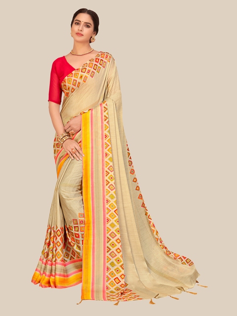

UNITED LIBERTY Beige & Red Floral Brasso Block Print Saree