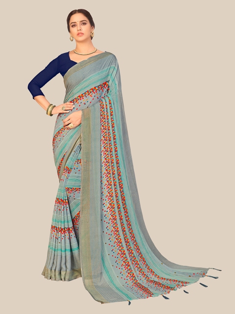

UNITED LIBERTY Grey & Green Floral Zari Brasso Block Print Saree