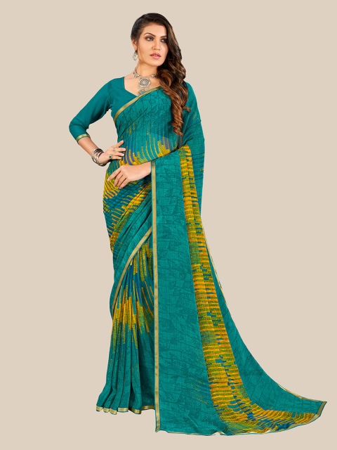 UNITED LIBERTY Teal Green & Yellow Floral Pure Georgette Saree