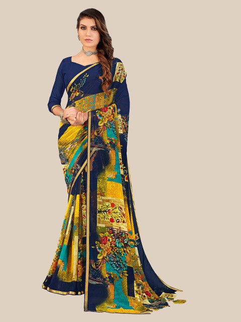 

UNITED LIBERTY Blue & Yellow Floral Zari Pure Georgette Saree