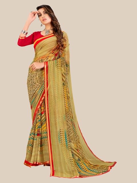 

UNITED LIBERTY Green & Red Floral Zari Pure Georgette Saree