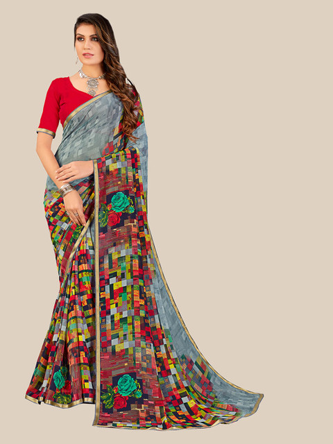 

UNITED LIBERTY Grey & Red Floral Zari Pure Georgette Block Print Saree