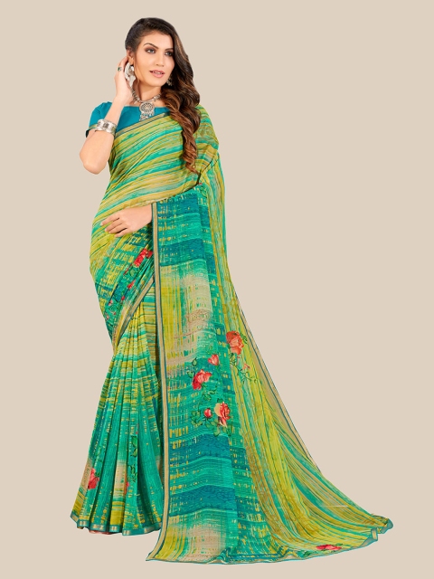 

UNITED LIBERTY Turquoise Blue & Green Floral Zari Pure Georgette Saree