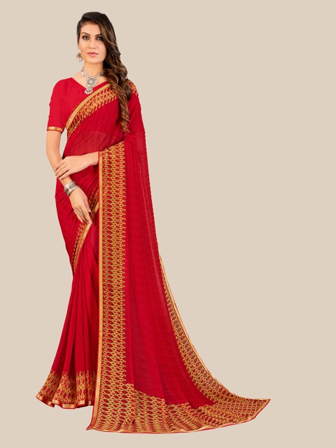 

UNITED LIBERTY Red & Gold-Toned Floral Zari Pure Georgette Block Print Saree