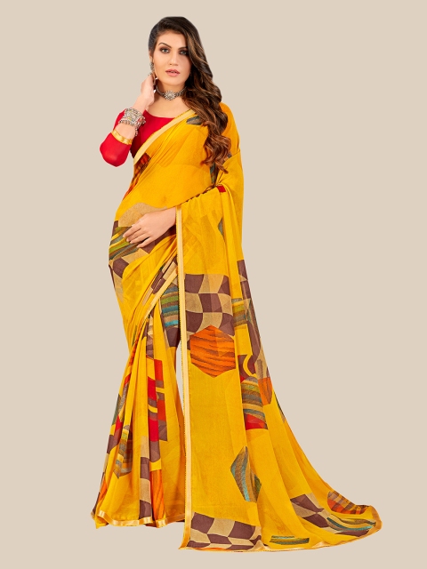 

UNITED LIBERTY Yellow & Gold-Toned Floral Zari Pure Georgette Block Print Saree