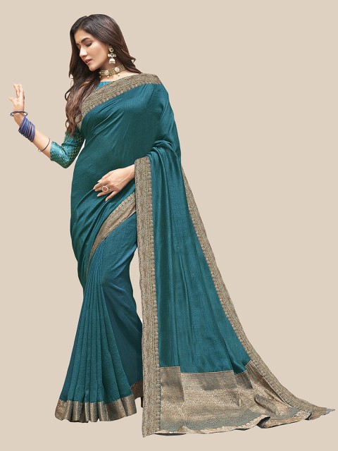 

UNITED LIBERTY Teal & Brown Patchwork Art Silk Saree