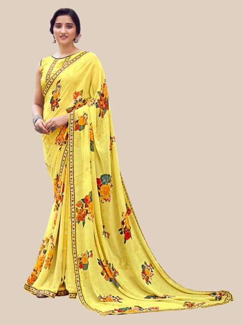 

UNITED LIBERTY Yellow Floral Pure Georgette Saree