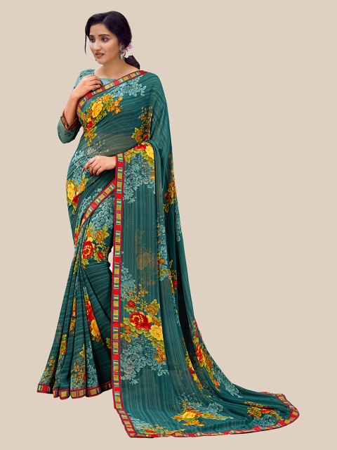 

UNITED LIBERTY Sea Green & Red Floral Zari Pure Georgette Saree