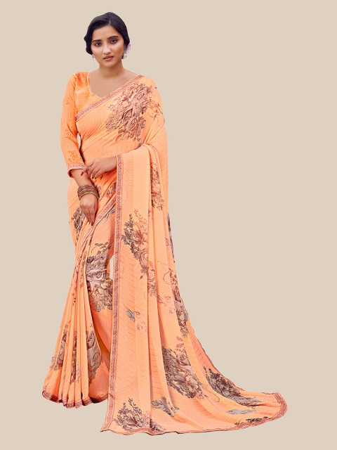 

UNITED LIBERTY Orange & Brown Floral Pure Georgette Saree