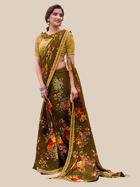 

UNITED LIBERTY Olive Green & Red Floral Pure Georgette Saree