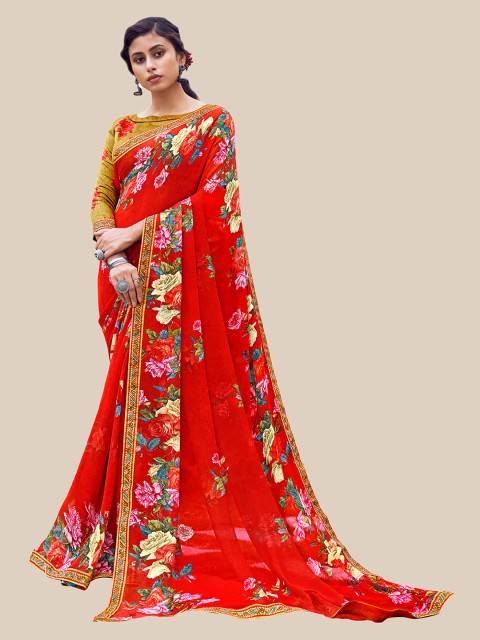 

UNITED LIBERTY Red & Green Floral Pure Georgette Block Print Saree