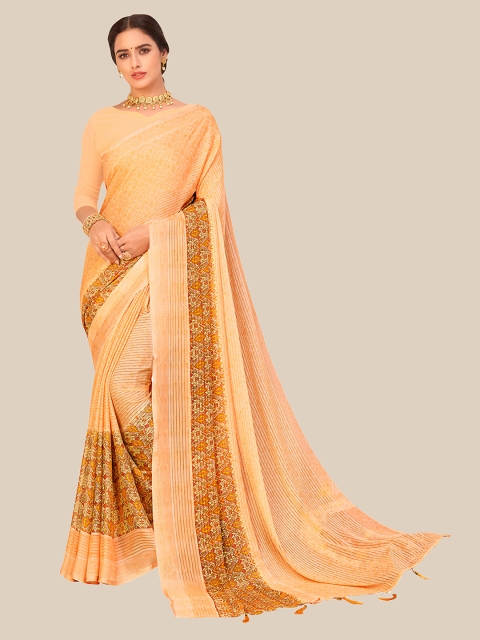 

UNITED LIBERTY Peach-Coloured & Brown Floral Brasso Saree