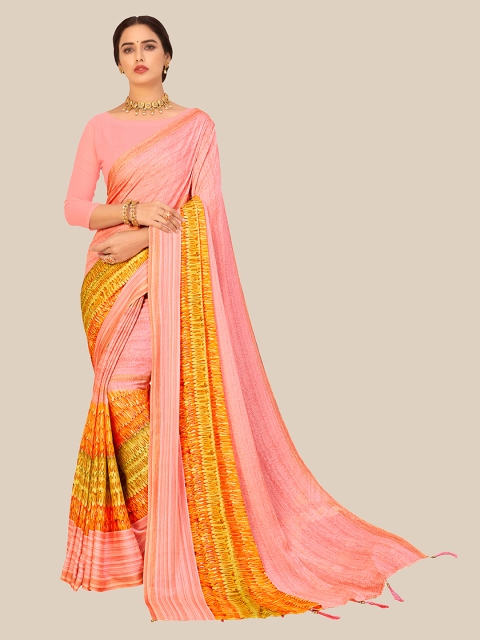 

UNITED LIBERTY Pink & Yellow Floral Zari Brasso Block Print Saree