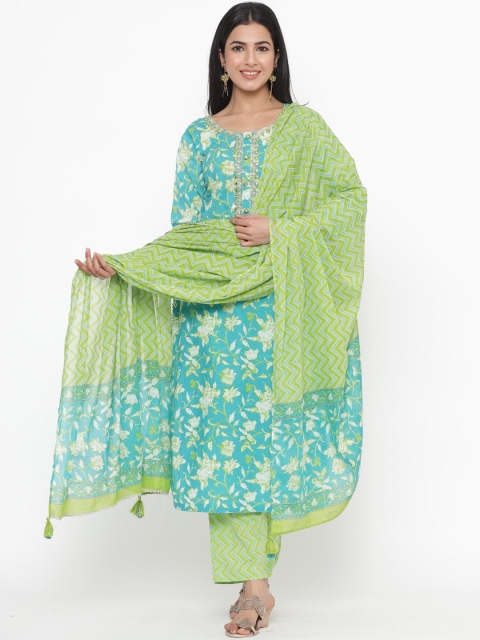 

JAVTA Women Blue Ethnic Motifs Pure Cotton Kurta with Trousers & With Dupatta