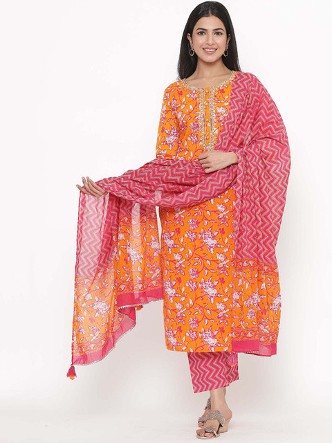 

JAVTA Women Orange Floral Printed Pure Cotton Kurta with Palazzos & With Dupatta