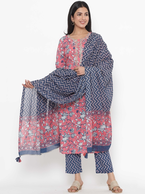 

JAVTA Women Pink Floral Printed Pure Cotton Kurta with Palazzos & With Dupatta