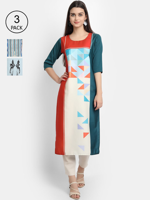 

Ethnic basket Women Pack of 3 Multicoloured Printed Crepe Straight Kurta, Multi