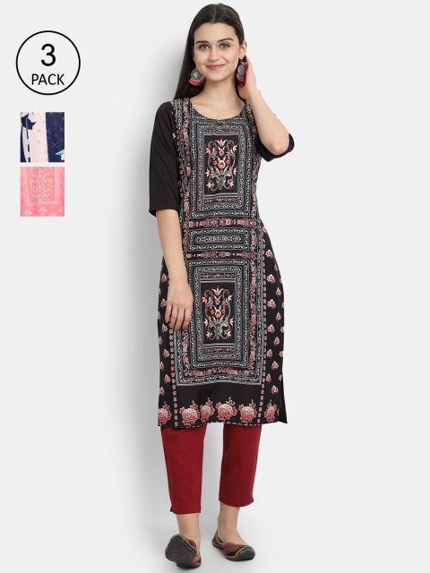 

Ethnic basket Women Pack Of 3 Ethnic Motifs Printed Crepe Kurta, Navy blue