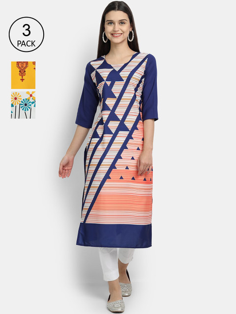 

Ethnic basket Pack of 3 Printed Kurtas, Navy blue