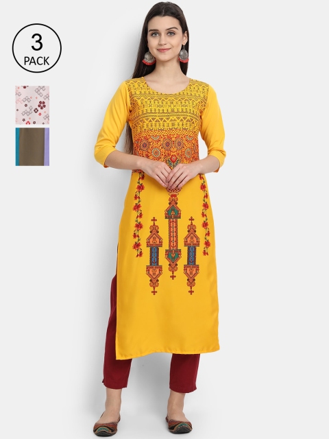 

Ethnic basket Pack of 3 Ethnic Motifs Printed Crepe Kurta, Mustard