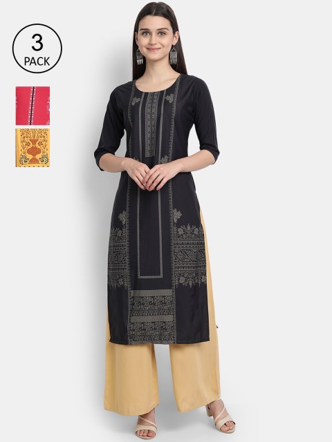 

Ethnic basket Women Yellow & Peach-Coloured Ethnic Motifs Printed Crepe Kurta Pack Of 3