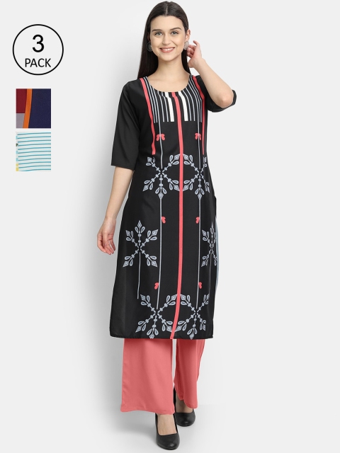 

Ethnic basket Women Pack Of 3 Floral Printed Crepe Kurta, Black