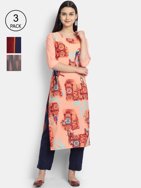 

Ethnic basket Women Peach & Grey Printed Kurta